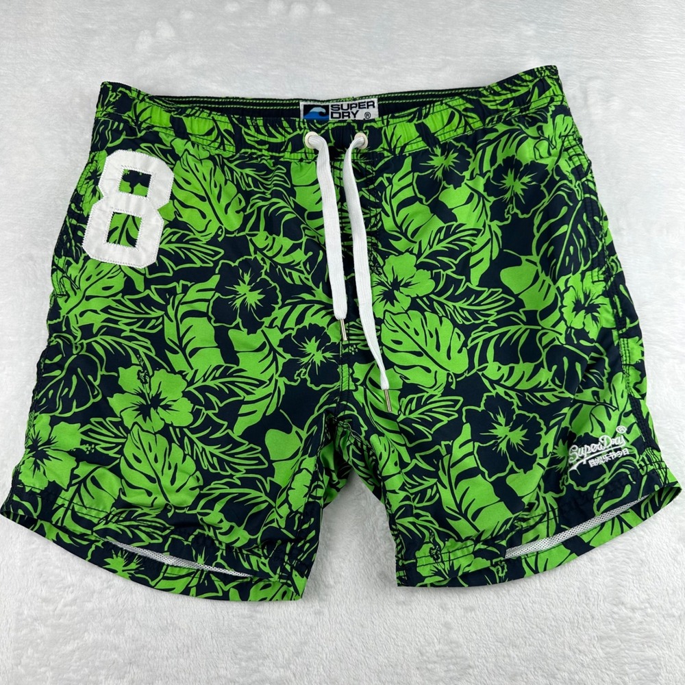 Superdry Mens L Swim Trunks Green Black Tropical Floral Board Shorts 8 Patch